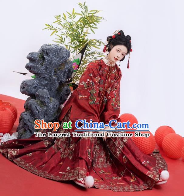 China Traditional Hanfu Red Brocade Jacket and Mamian Qun Skirt Ancient Young Lady Costumes Ming Dynasty Female Clothing