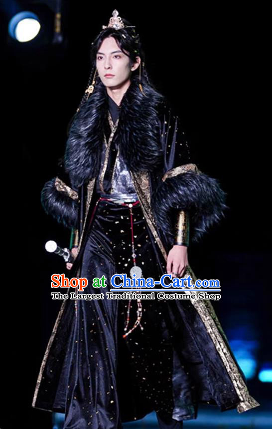 China Ming Dynasty Swordsman Black Clothing Traditional Winter Male Hanfu Ancient Young Hero Costumes