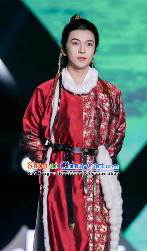 China Ancient Young Childe Costume Tang Dynasty Prince Clothing Traditional Winter Swordsman Red Hanfu Robe