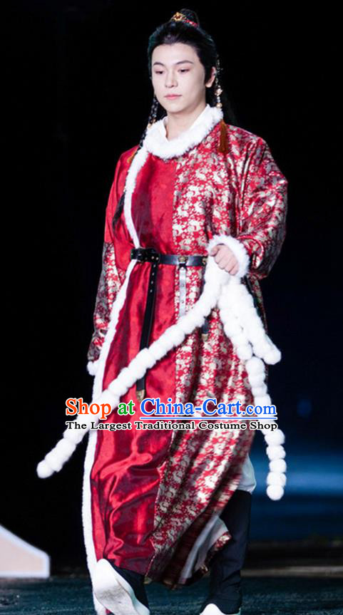 China Ancient Young Childe Costume Tang Dynasty Prince Clothing Traditional Winter Swordsman Red Hanfu Robe