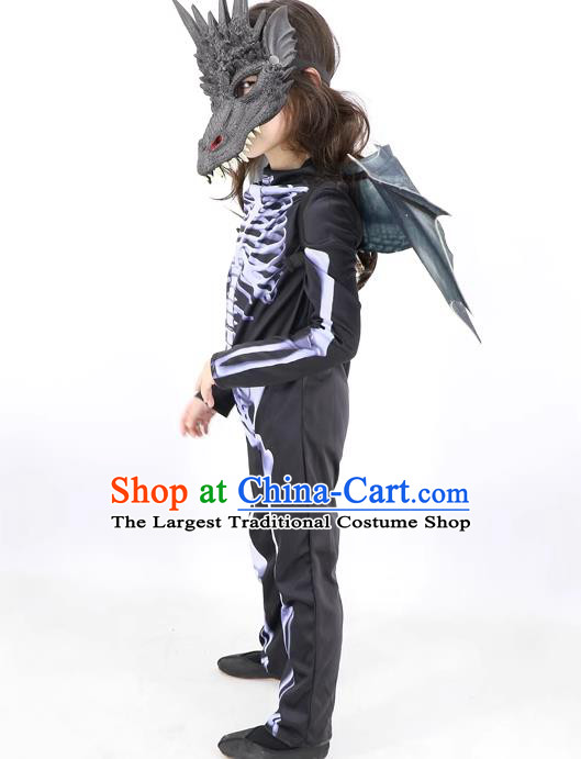 Top Cosplay Dinosaur Dark Gray Mask and Wings Halloween Fancy Ball Costume Carnival Clothing Set
