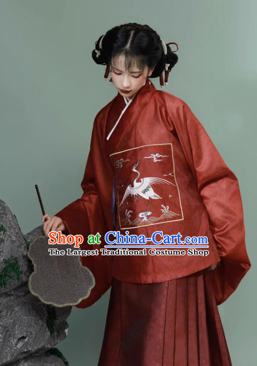 China Traditional Hanfu Ancient Young Woman Costumes Ming Dynasty Red Brocade Shirt and Skirt Complete Set