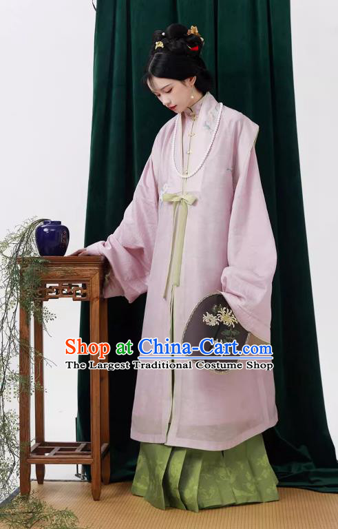 China Ming Dynasty Pink Vest Long Gown and Skirt Traditional Hanfu Ancient Noble Woman Costumes Complete Set