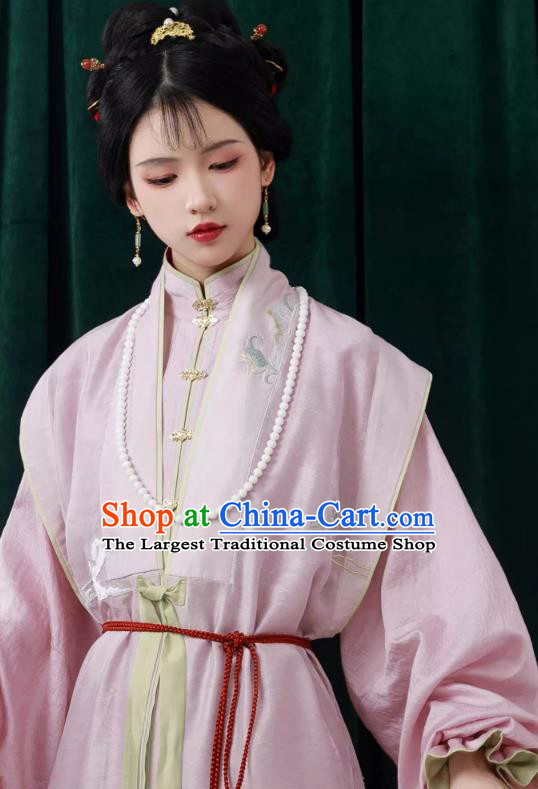 China Ming Dynasty Pink Vest Long Gown and Skirt Traditional Hanfu Ancient Noble Woman Costumes Complete Set
