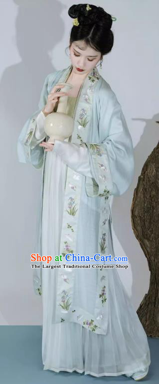 China Song Dynasty Young Woman Dresses Ancient Princess Replica Costumes Traditional Embroidered Light Blue Hanfu Fashion