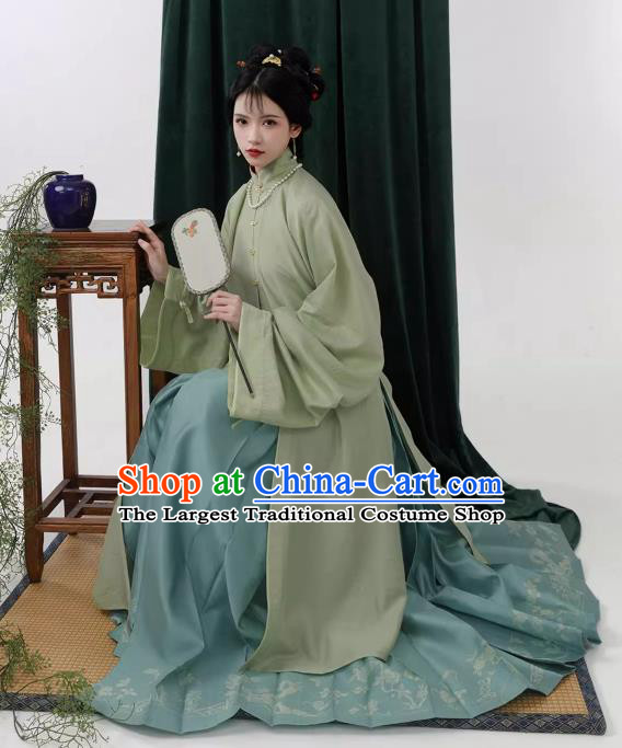 China Ancient Young Mistress Costumes Traditional Hanfu Ming Dynasty Black Long Vest Green Gown and Blue Ma Mian Qun Skirt Complete Set