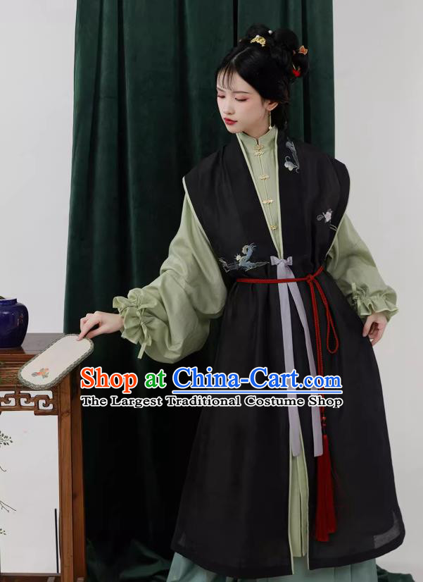 China Ancient Young Mistress Costumes Traditional Hanfu Ming Dynasty Black Long Vest Green Gown and Blue Ma Mian Qun Skirt Complete Set