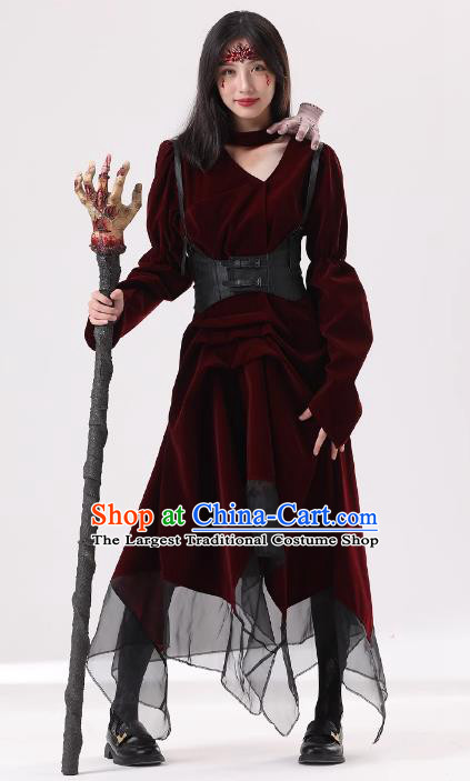 Top Cosplay Demon Dark Red Dress Halloween Fancy Ball Vampiress Costume for Women