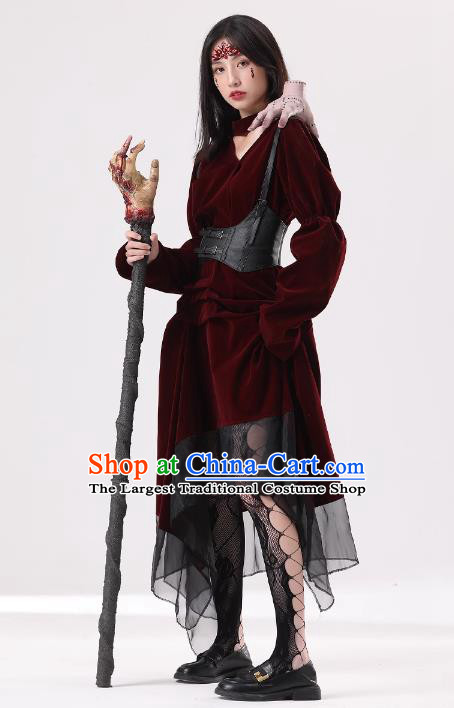 Top Cosplay Demon Dark Red Dress Halloween Fancy Ball Vampiress Costume for Women