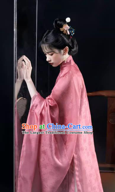 China Traditional Hanfu Fashion Ancient Ming Dynasty Replica Costumes Young Woman Pink Long Gown and Mamian Qun