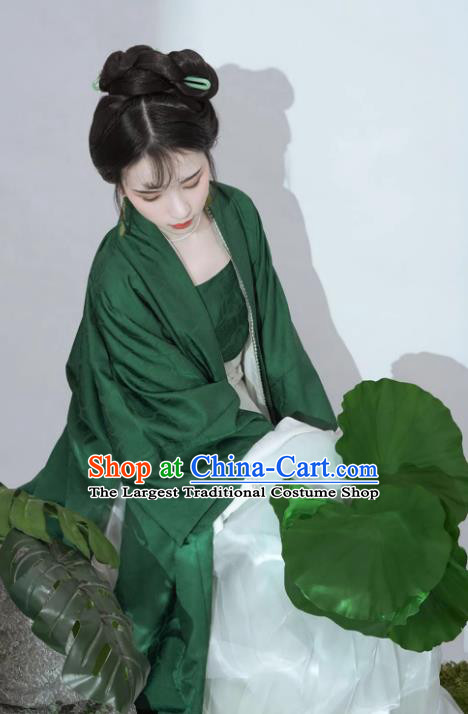China Ancient Young Lady Clothing Song Dynasty Replica Costumes Traditional Hanfu Green Overcoat White Blouse top and Skirt