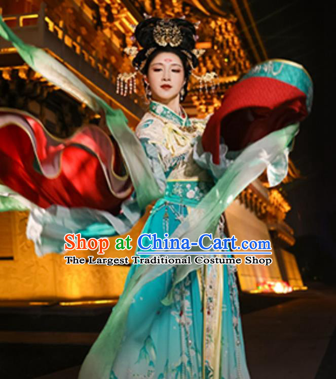 China Traditional Mural Empress Green Hanfu Dress Ancient Goddess Costumes Southern and Northern Dynasties Historical Clothing