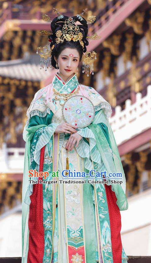 China Traditional Mural Empress Green Hanfu Dress Ancient Goddess Costumes Southern and Northern Dynasties Historical Clothing