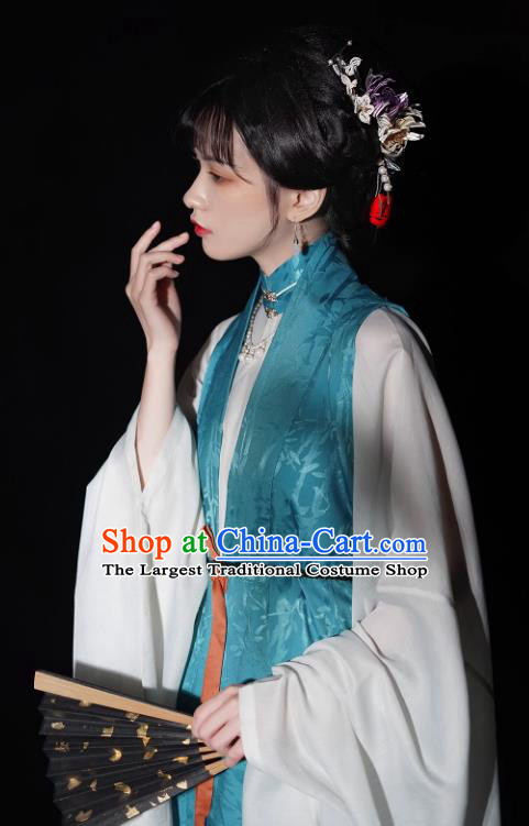 China Ming Dynasty Historical Clothing Traditional Hanfu Blue Vest Long Gown and Mamian Skirt Ancient Noble Woman Costumes