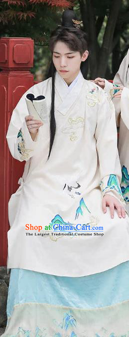 China Ancient Noble Childe Costumes Ming Dynasty Historical Clothing Traditional Hanfu Beige Long Gown and Blue Mamian Skirt