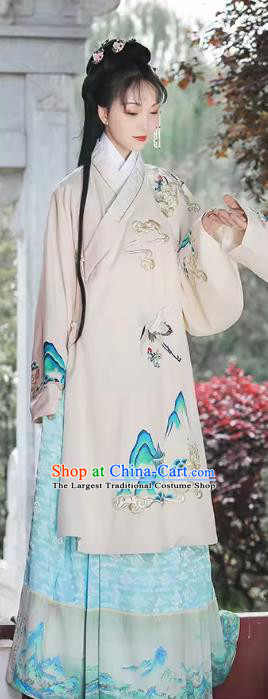 China Ancient Ming Dynasty Noble Lady Costumes Traditional Hanfu Beige Long Gown and Blue Skirt Complete Set
