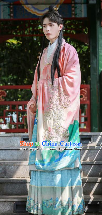 China Ancient Ming Dynasty Noble Childe Costumes Traditional Male Hanfu Embroidered Long Cape Gown and Skirt Complete Set
