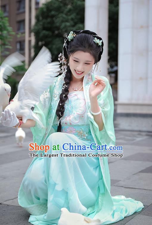 China Ancient Song Dynasty Young Lady Costumes Traditional Embroidered Green Hanfu Dress Complete Set