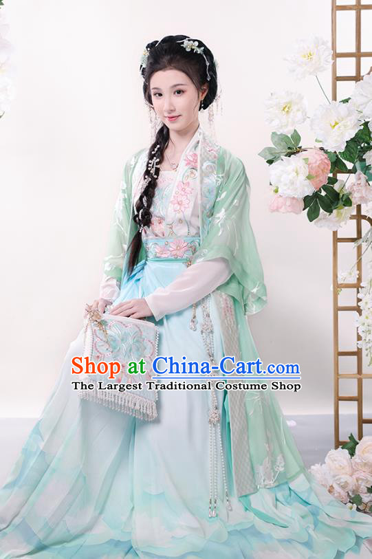 China Ancient Song Dynasty Young Lady Costumes Traditional Embroidered Green Hanfu Dress Complete Set