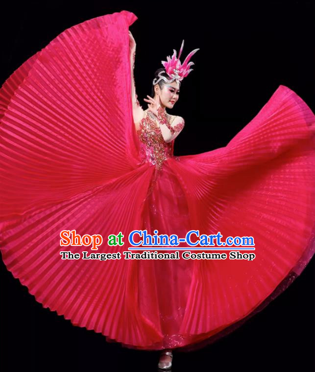 Rose Red Opening Dance Large Swing Skirt Dance Costume Large Party Stage Costume Performance Costume Long Skirt Tutu Skirt Wings