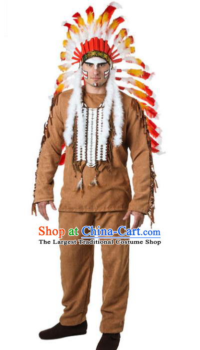 Fancy Ball Apache Knight Costume Cosplay Indian Chief Outfit Halloween Stage Performance Clothing and Headwear