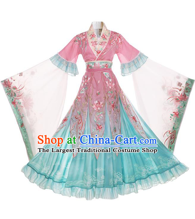 China Jin Dynasty Historical Costumes Embroidered Hanfu Dress Ancient Goddess Green Clothing