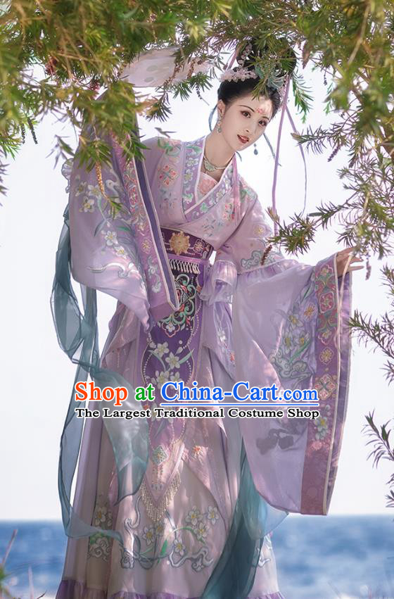 China Ancient Goddess Purple Clothing Jin Dynasty Empress Historical Costumes Embroidered Hanfu Traditional Dress