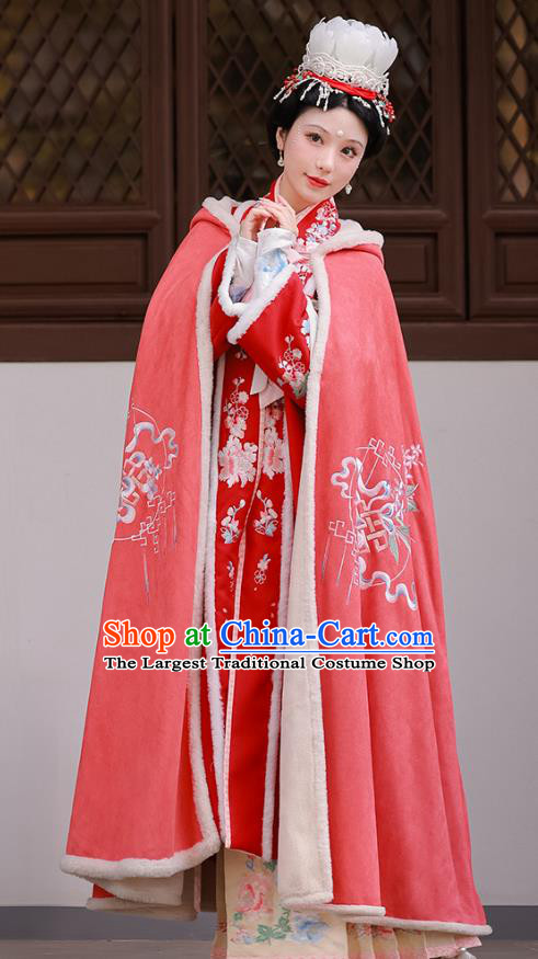 China Winter Pink Cloak Embroidered Hanfu Cape Ancient Princess Clothing Song Dynasty Woman Costume