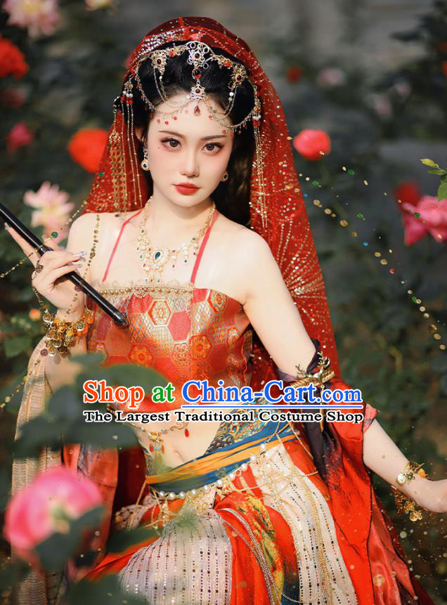 China Ancient Dancing Beauty Clothing Dun Huang Fairy Red Dress Western Region Xi Yu Dance Lady Costume