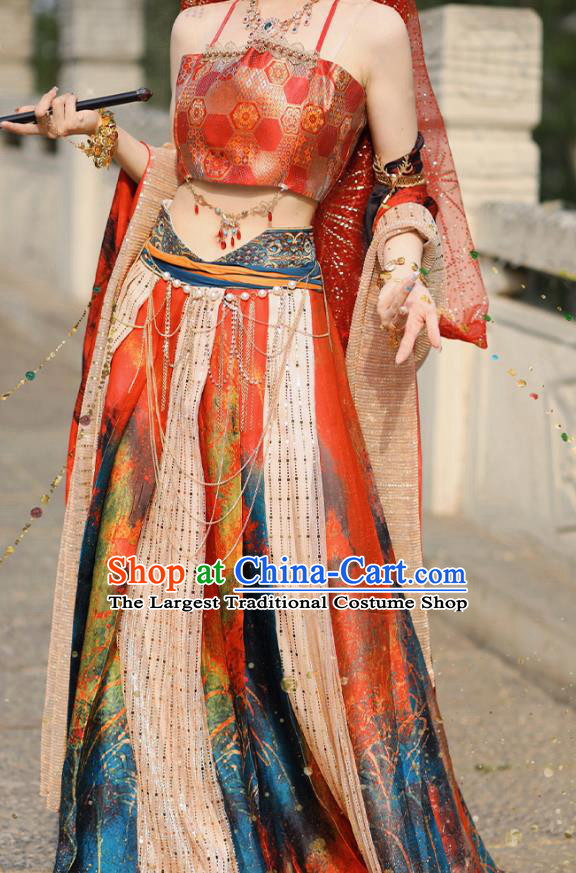 China Ancient Dancing Beauty Clothing Dun Huang Fairy Red Dress Western Region Xi Yu Dance Lady Costume