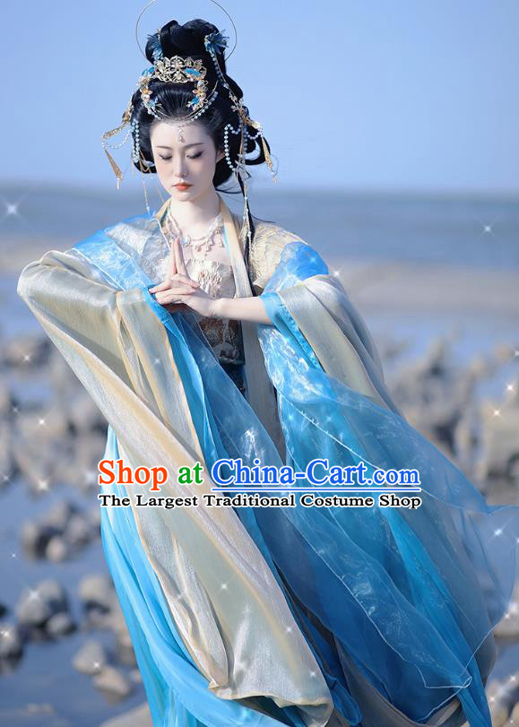 China Ancient Goddess Hanfu Southern and Northern Dynasties Princess Clothing Swordswoman Blue Dress