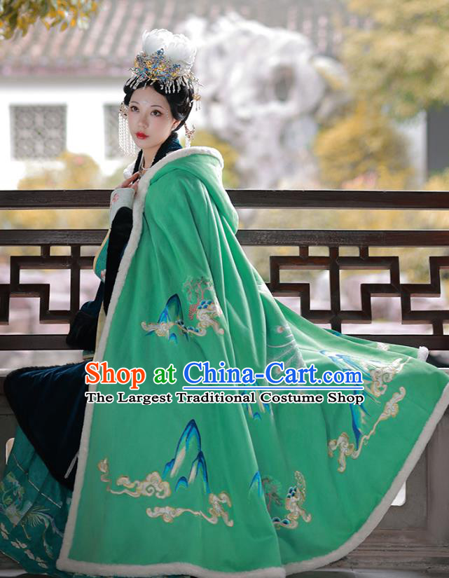 China Ancient Princess Clothing Song Dynasty Court Woman Costume Traditional Winter Hanfu Embroidered Green Cloak