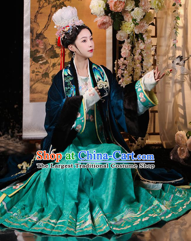 Traditional Winter Hanfu Green Velvet Dress China Ancient Empress Clothing Song Dynasty The Journey of a Legendary Landscape Painting Costume