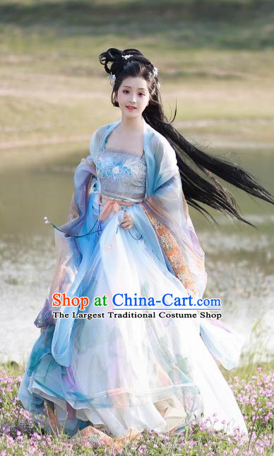 Traditional Hanfu Blue Hezi Dress China Ancient Princess Clothing Tang Dynasty Young Lady Costumes