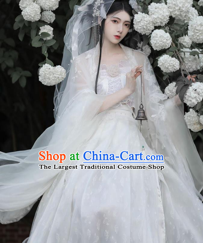 China Tang Dynasty Young Lady Costumes Traditional Hanfu White Hezi Dress Ancient Flower Fairy Clothing