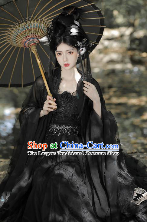 China Ancient Dark Angel Clothing Tang Dynasty Young Lady Costumes Traditional Hanfu Black Hezi Dress