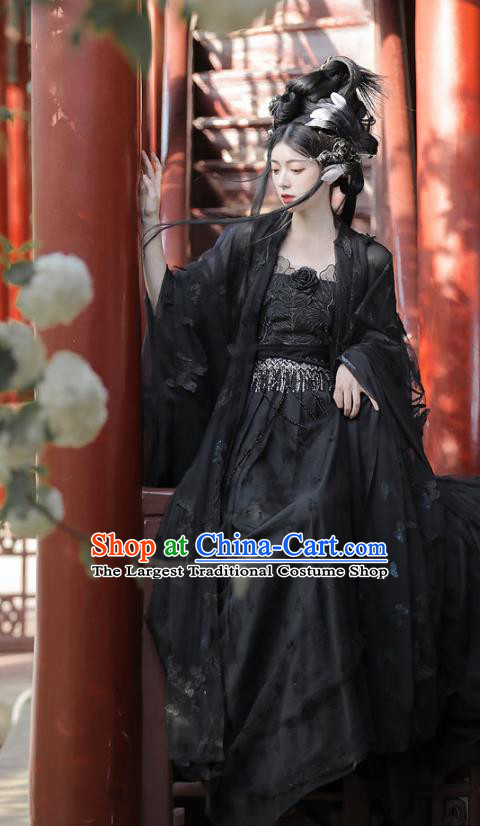 China Ancient Dark Angel Clothing Tang Dynasty Young Lady Costumes Traditional Hanfu Black Hezi Dress