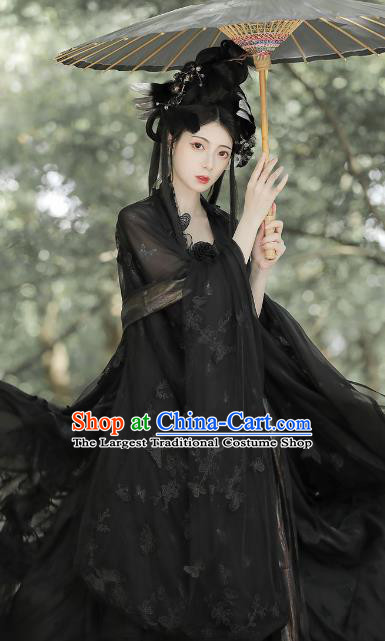 China Ancient Dark Angel Clothing Tang Dynasty Young Lady Costumes Traditional Hanfu Black Hezi Dress