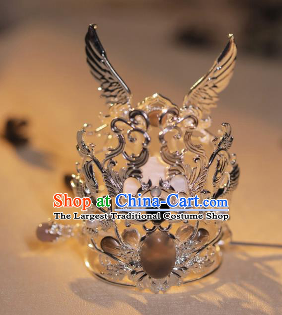 Handmade Silvery Crown and Hairpin Chinese Ancient Prince Hair Jewelries Top Hanfu Male Headgear