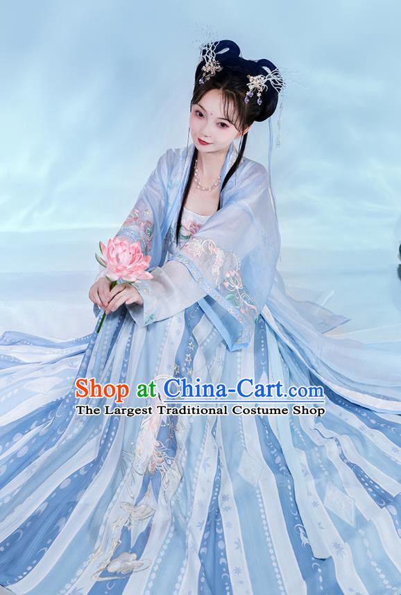 Traditional Hanfu Blue Long Beizi Dress China Ancient Young Lady Clothing Song Dynasty Embroidered Costumes