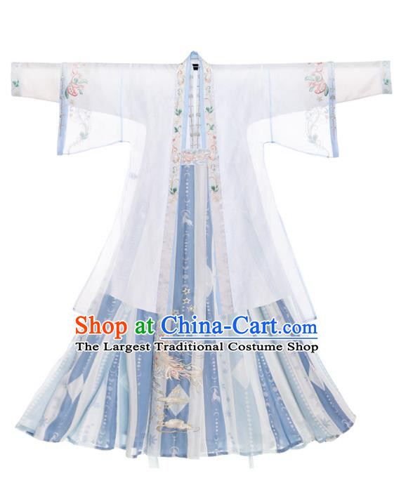 Traditional Hanfu Blue Long Beizi Dress China Ancient Young Lady Clothing Song Dynasty Embroidered Costumes