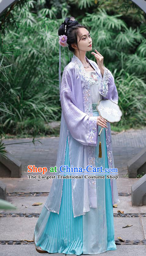 Song Dynasty Embroidered Costumes Traditional Hanfu Lilac Long Beizi Dress China Ancient Young Lady Clothing