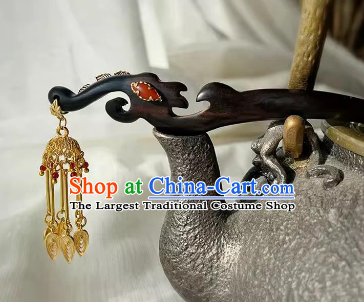 Traditional Golden Tassel Headgear Handmade Cheongsam Hair Jewelry Christmas Gift Chinese Hanfu Ebony Hairpin