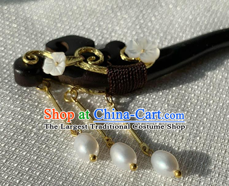 Handmade Cheongsam Hair Jewelry Christmas Gift Chinese Hanfu Ebony Hairpin Traditional Pearls Tassel Headgear