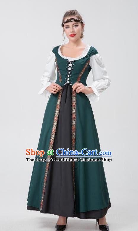 Renaissance Woman Court Dark Green Long Dress Christmas Drama Performance Costume Medieval European Costume