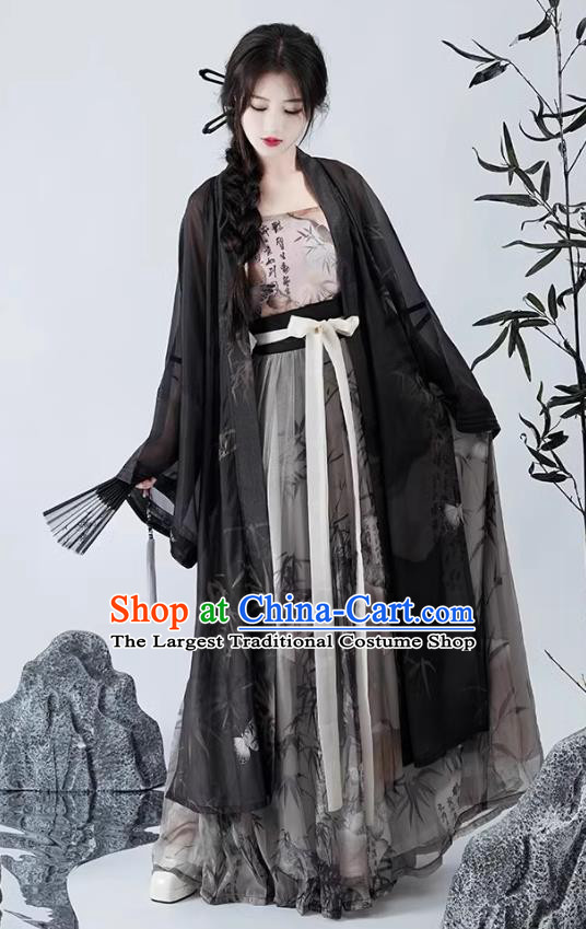 China Large Size Black Cape and Qiyao Ruqun Song Dynasty Hanfu Clothing Ancient Young Lady Costumes