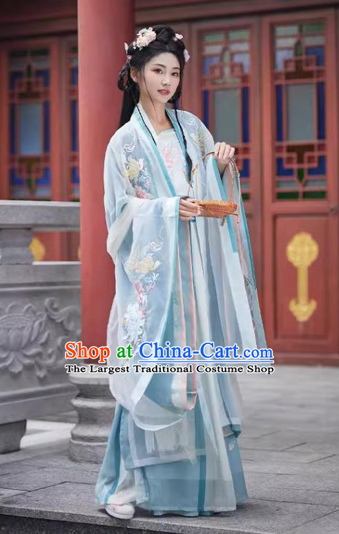 China Plus Size Hanfu Blue Qiyao Ruqun Song Dynasty Young Lady Clothing Ancient Princess Embroidered Costumes