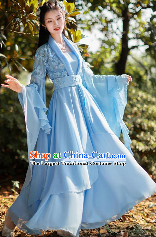 Blue Hanfu Wide Sleeve Fairy Dress China Tang Dynasty Princess Clothing Ancient Goddess Costume