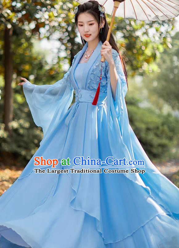 Blue Hanfu Wide Sleeve Fairy Dress China Tang Dynasty Princess Clothing Ancient Goddess Costume