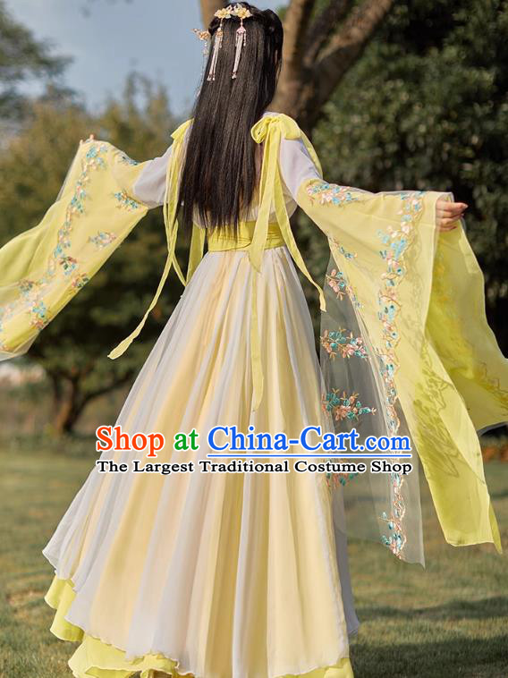 China Tang Dynasty Beauty Dance Clothing Ancient Fairy Costume Yellow Hanfu Embroidered Dress